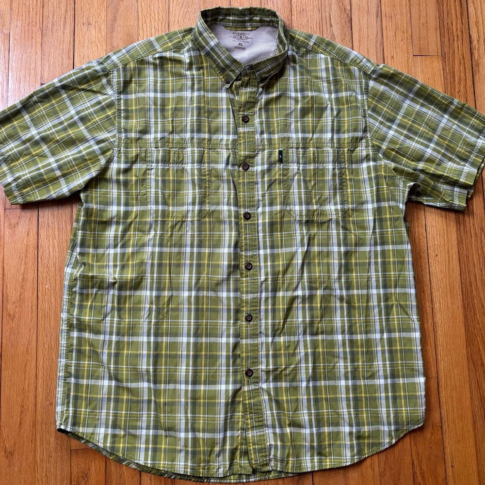G.H. Bass Men's XL Short-Sleeve Fishing Outdoor Plaid Button-Up Shirt Green